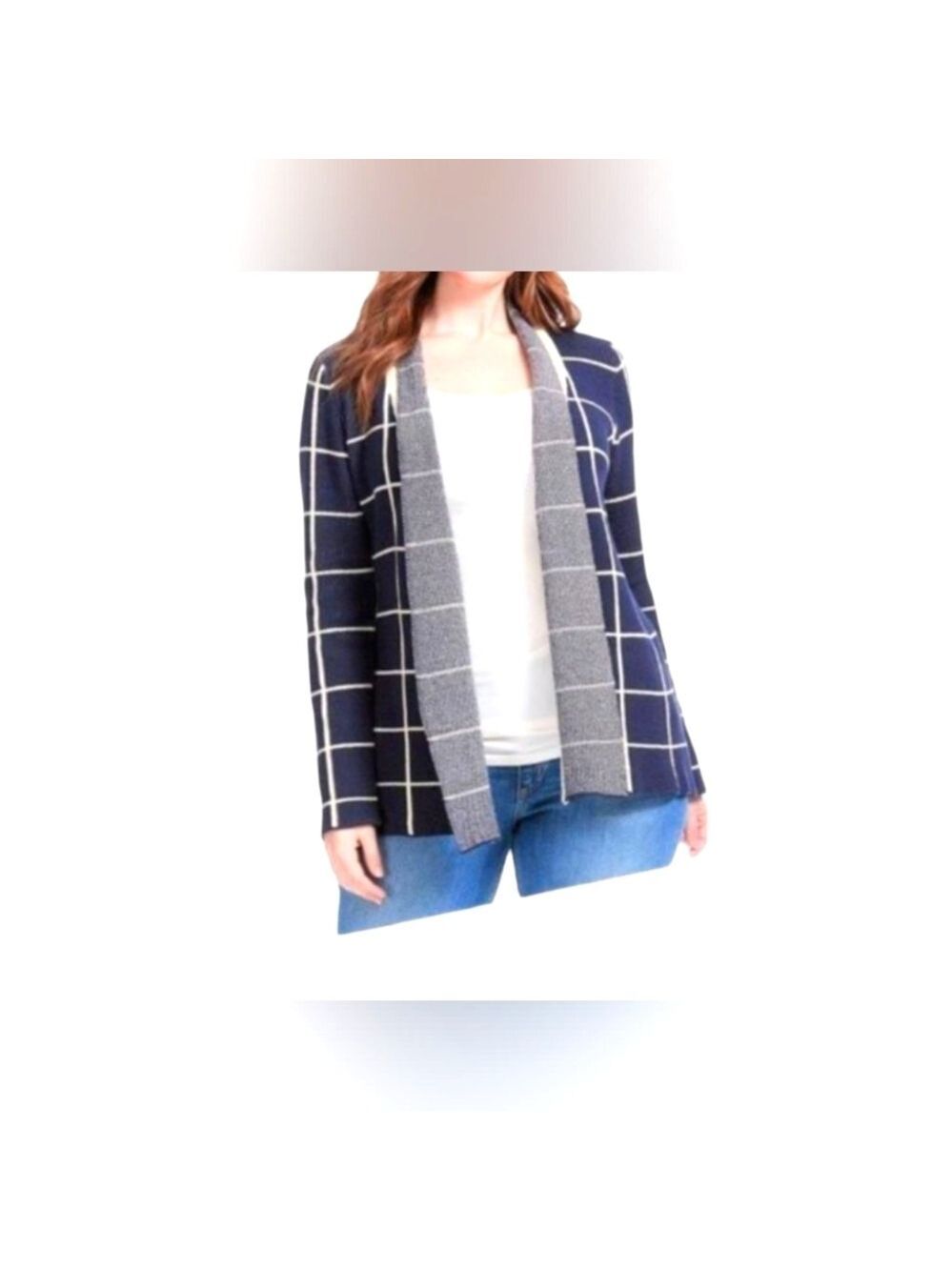 Modcloth Simply Snuggly Navy & White Windowpane Open Front Cardigan Size XS
